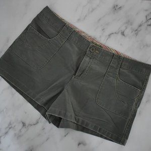 AEO green denim shorts with worn frayed style